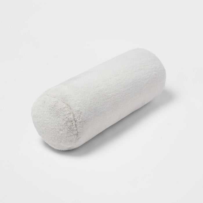 Faux Rabbit Fur Bolster Throw Pillow Light Gray - Threshold