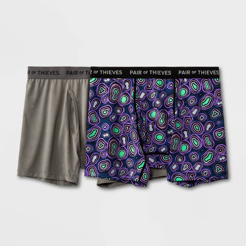 Pair of Thieves Men's Super Fit Boxer Briefs 2pk - Purple/Green Amoeba L: Moisture-Wicking, Mid Rise, Microfiber