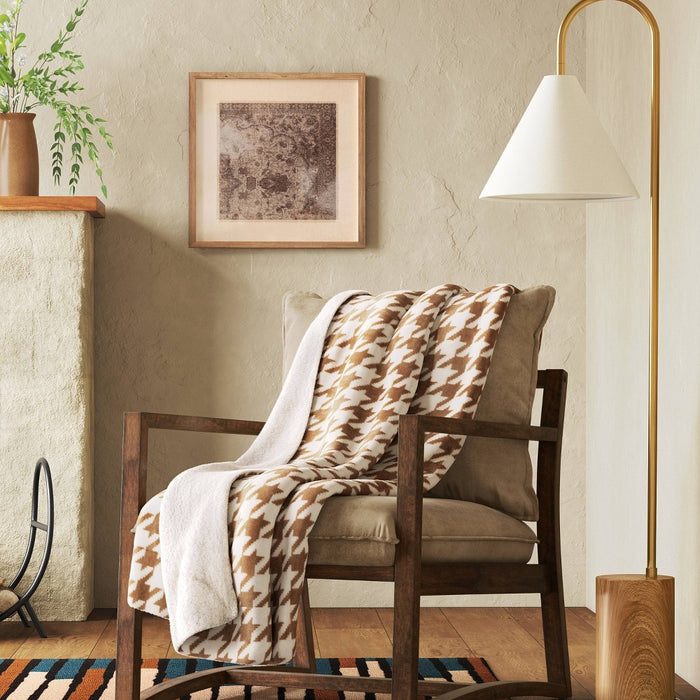 Printed Plush Houndstooth Throw with Faux Shearling Reverse Neutral/Cream - Threshold (LOCAL PICKUP ONLY)