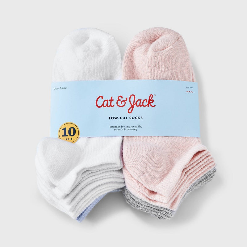 Girls' 10pk Low Cut Socks - Cat & Jack Pink/White/Blue L