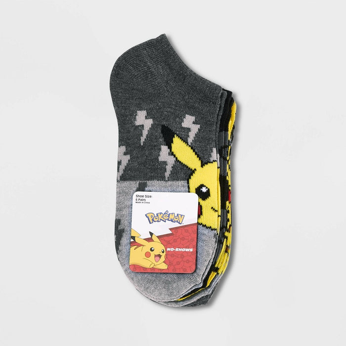 Boys' Pokemon Pikachu 6pk No Show Socks - Gray/Yellow M/L