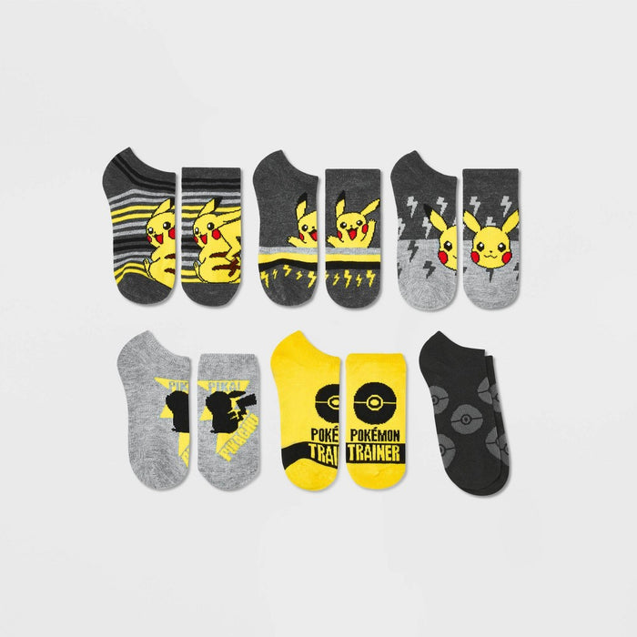 Boys' Pokemon Pikachu 6pk No Show Socks - Gray/Yellow M/L