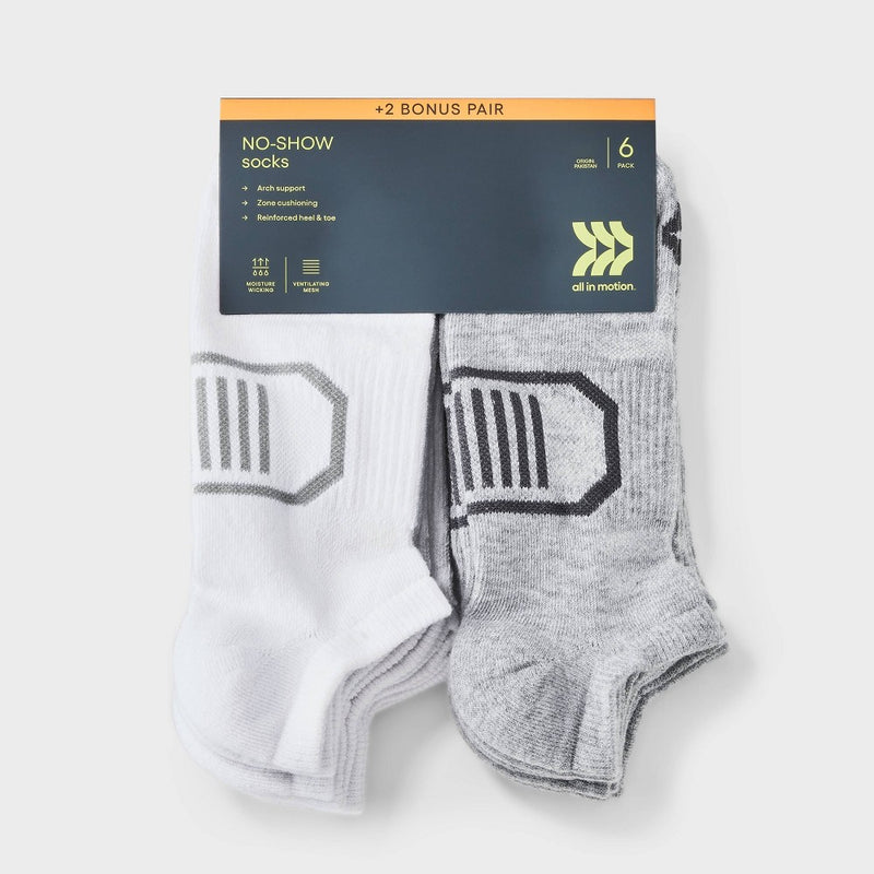 Men's Striped Cushioned No Show Socks 8pk - All In Motion Gray/White 6-12