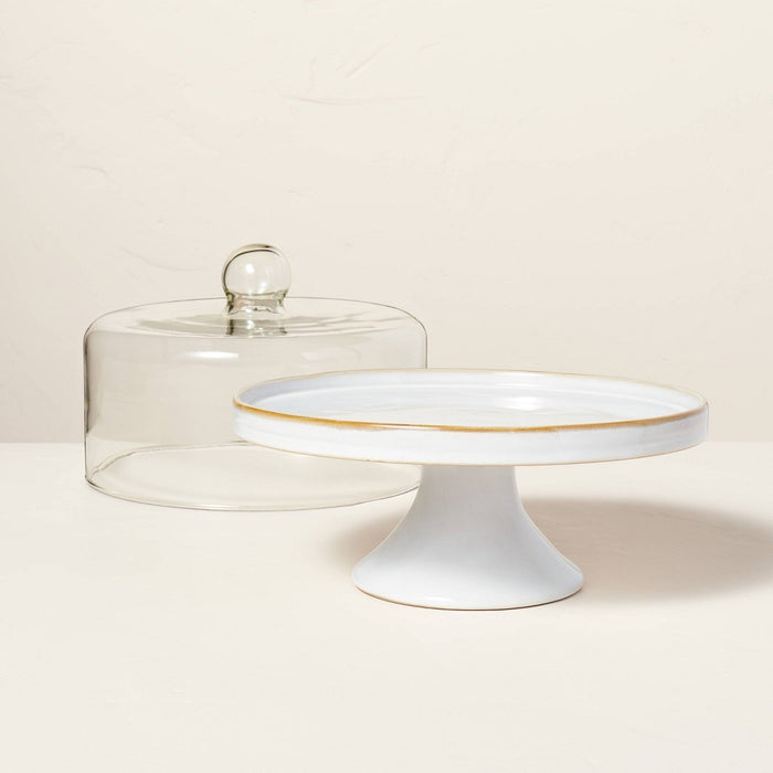 11" Stoneware Reactive Glaze Cake Stand with Glass Cloche Cream - Hearth & Hand with Magnolia