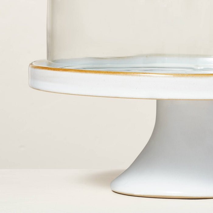 11" Stoneware Reactive Glaze Cake Stand with Glass Cloche Cream - Hearth & Hand with Magnolia