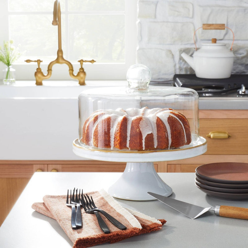 11" Stoneware Reactive Glaze Cake Stand with Glass Cloche Cream - Hearth & Hand with Magnolia