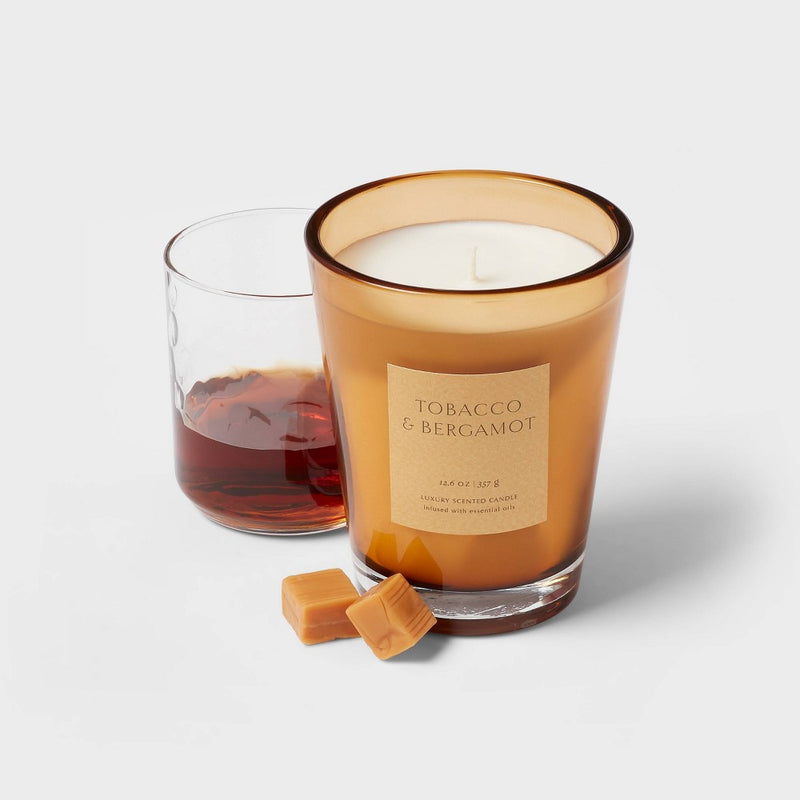 12oz Colored Vase Glass with Dustcover Tobacco and Bergamot Candle Yellow - Threshold;