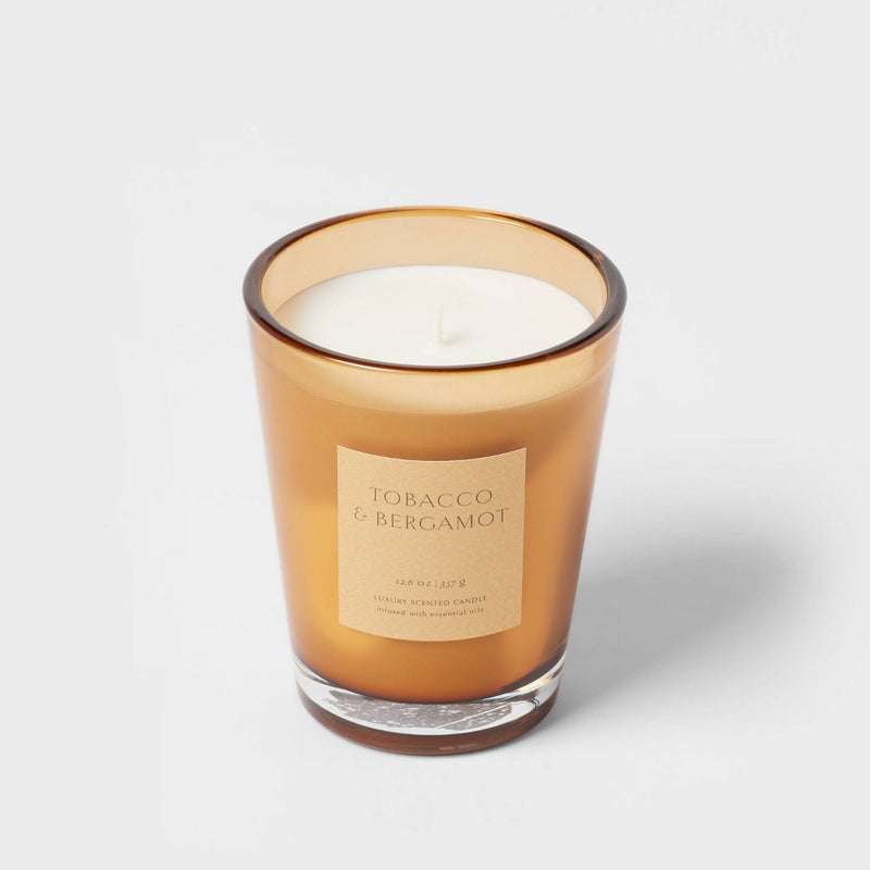 12oz Colored Vase Glass with Dustcover Tobacco and Bergamot Candle Yellow - Threshold;