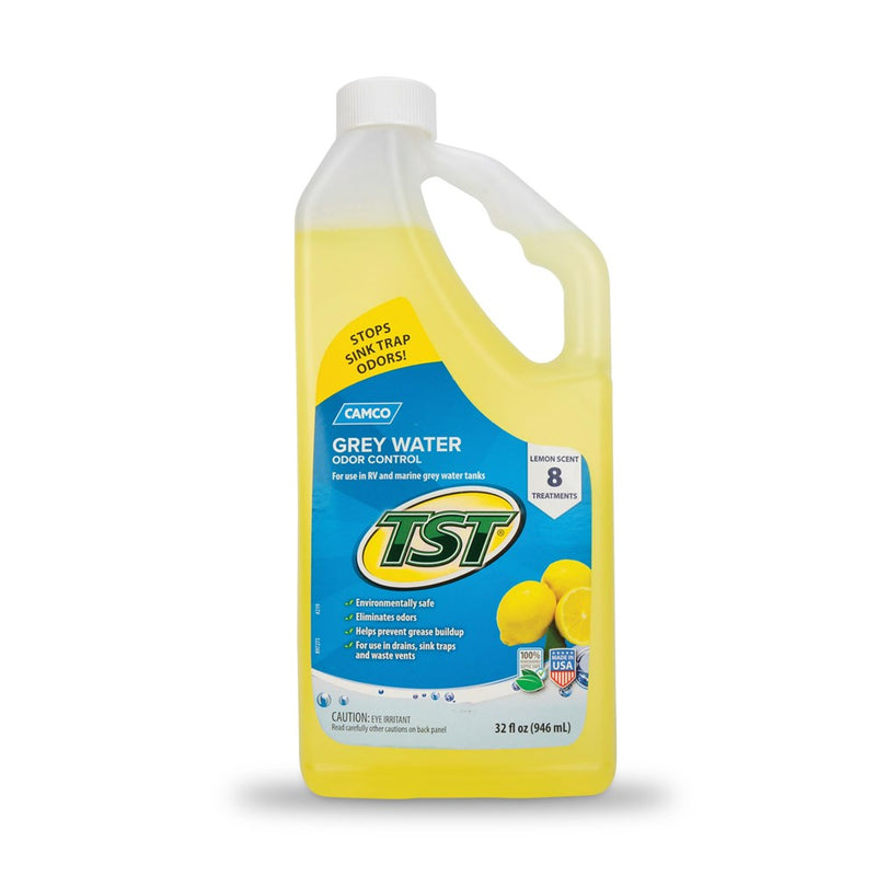 Camco TST Camper / RV Grey Water Odor Control - Features Septic Safe Biodegradable Formula - Removes Grease Build-Up In Black Water Tank, Sink & Shower Drains - Fresh Lemon Scent, 32-Oz Bottle (40252)