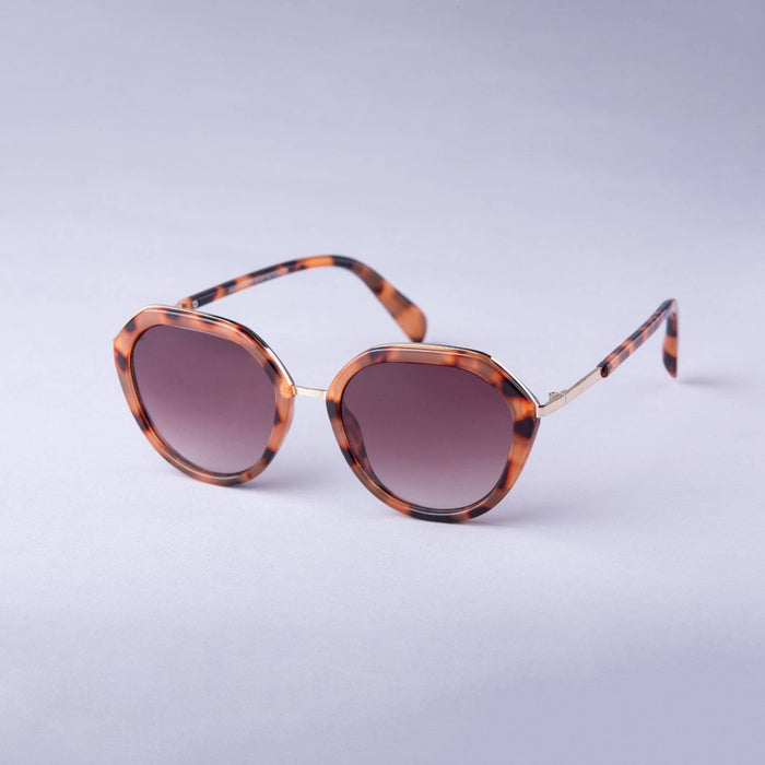 Women's Angular Round Tortoise Shell and Metal Sunglasses - A New Day Brown