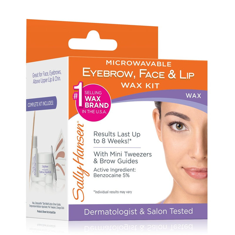 Sally Hansen, Eyebrow, Face & Lip Wax Kit, Easy To Use, Includes Microwavable Wax, Spatula, Mini Tweezer, Brow Guides, Post-Treatment Lotion