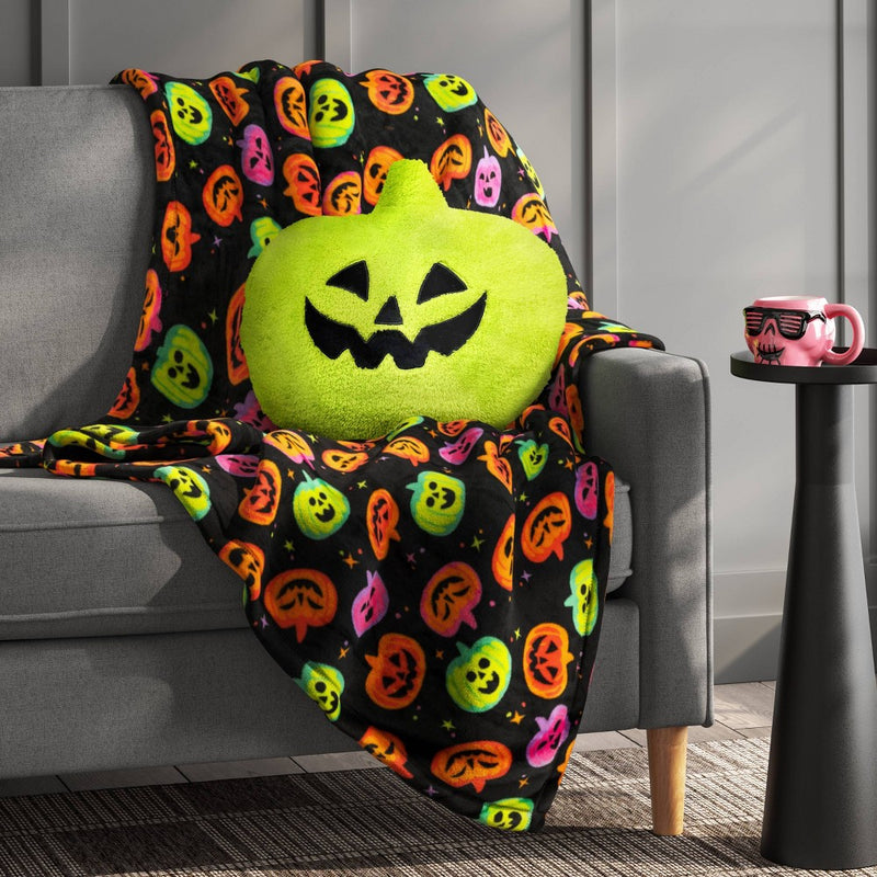 Pumpkin Shaped Halloween Faux Shearling Pillow Green - Hyde & EEK! Boutique: Indoor Decorative, Oval