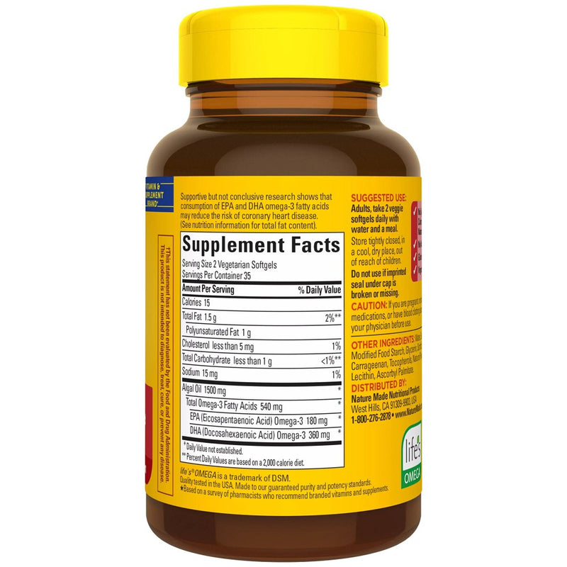 Nature Made Algae Omega 3 Supplement 540 mg - Alternative to Omega 3 Fish Oil Softgels - 70 ct
