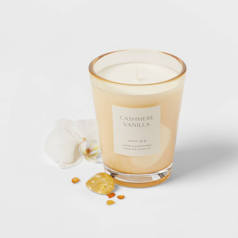12oz Colored Vase Glass with Dustcover Cashmere Vanilla Candle Ivory - Threshold