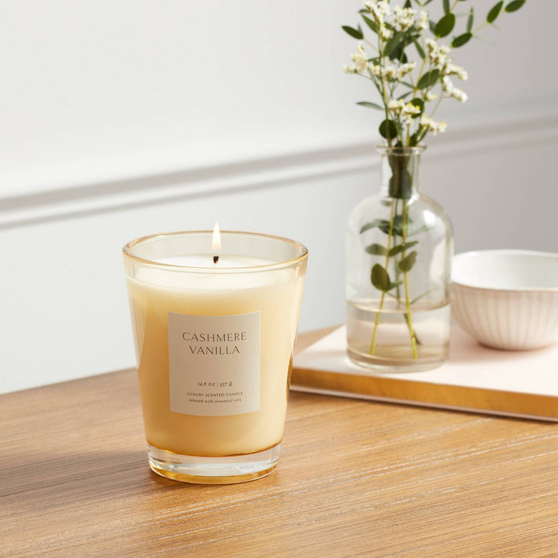 12oz Colored Vase Glass with Dustcover Cashmere Vanilla Candle Ivory - Threshold