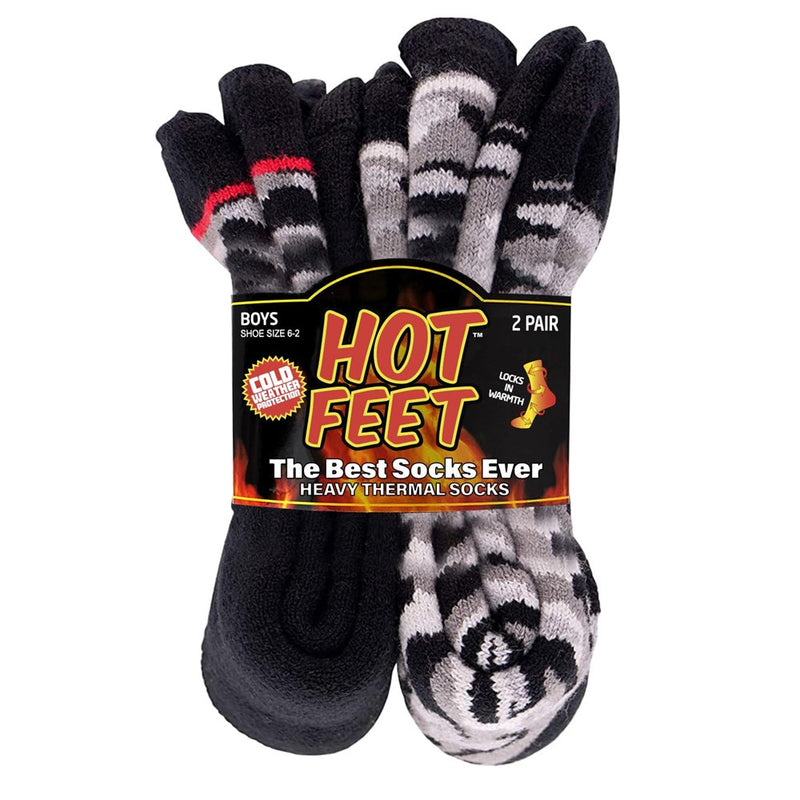 HOT FEET Boys And Girls 2 Pack Heavy Thermal Socks - Traps In Warmth – Kids Thick Insulated Crew For Casual Cold Weather Use (Camo/Black)