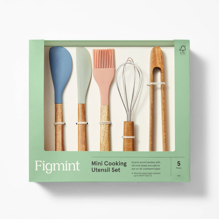 5pc Acacia Wood/Silicone Mini Kitchen Utensil Set Brown/Red/Blue - Figmint