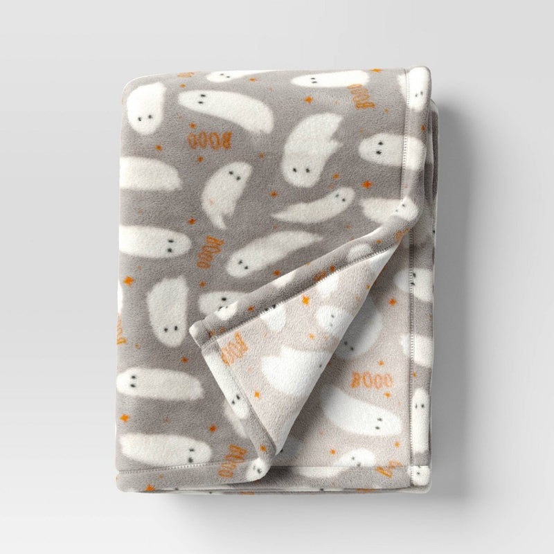 Ghost Printed Plush Halloween Throw Blanket Gray/Ivory - Hyde & EEK! Boutique: Knitted, Recycled Polyester, 50x60", Machine Washable