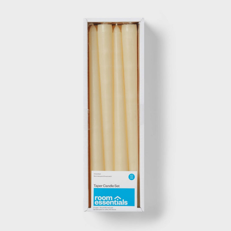 12pk Unscented Taper Candles Cream - Room Essentials: Paraffin Wax, 10.6" Height, 6hr Burn Time
