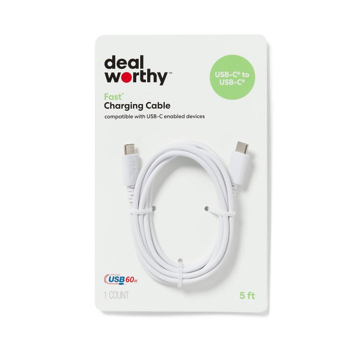 5' USB-C to USB-C Charging Cable - dealworthy White