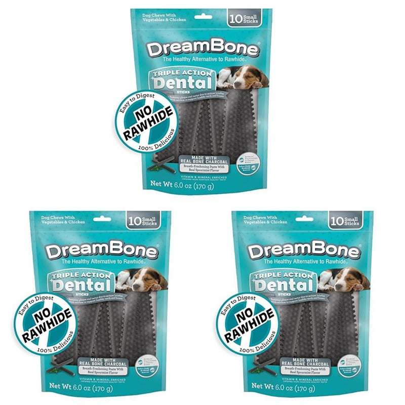Dreambone Triple Action Dental Sticks Charcoal, 10 Count, Rawhide-Free Chews For Small And Medium Sized Dogs Freshens Breath