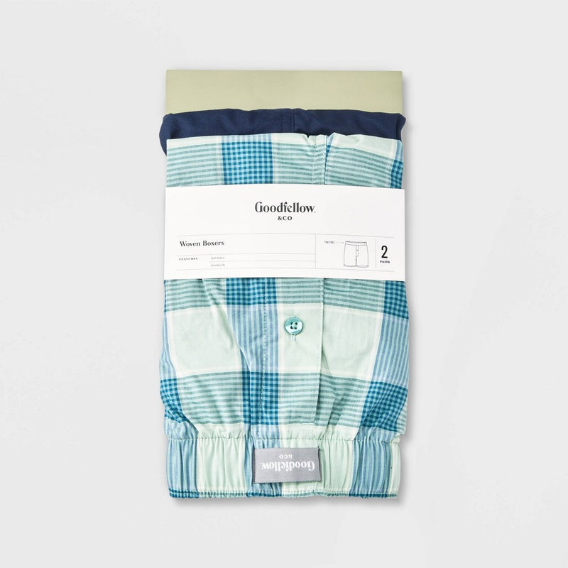 Men's Plaid Woven Boxer 2pk - Goodfellow & Co Green/Blue M