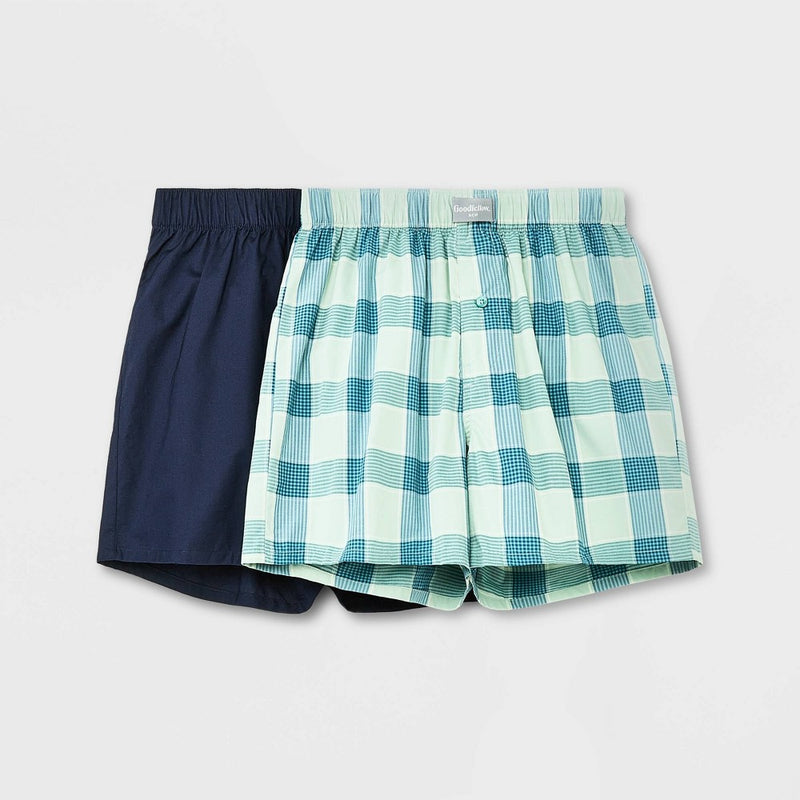 Men's Plaid Woven Boxer 2pk - Goodfellow & Co Green/Blue M