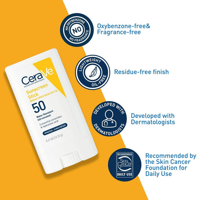 CeraVe 100% Mineral Sunscreen Stick for Face and Body - SPF 50 - 0.47oz