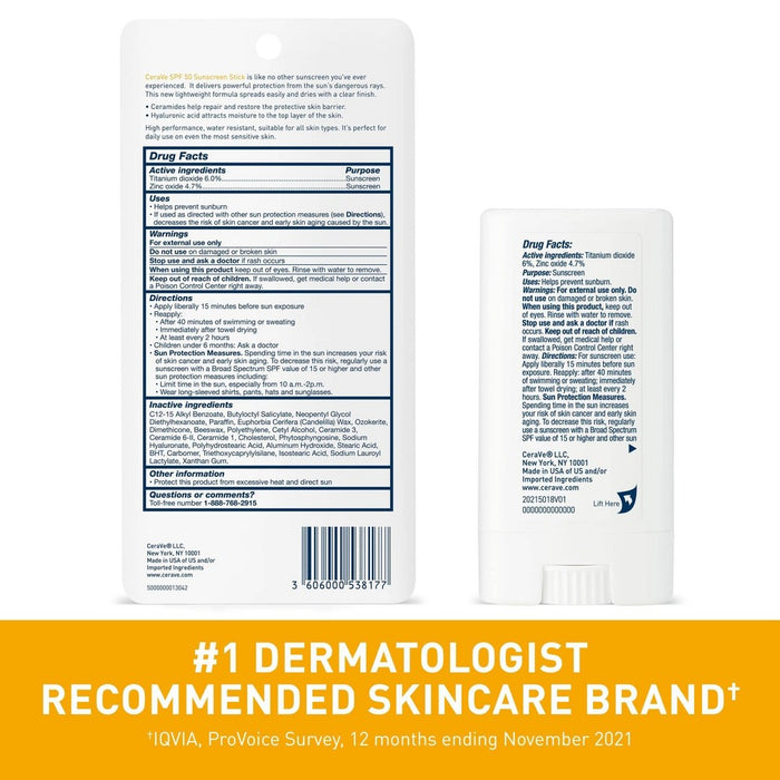 CeraVe 100% Mineral Sunscreen Stick for Face and Body - SPF 50 - 0.47oz