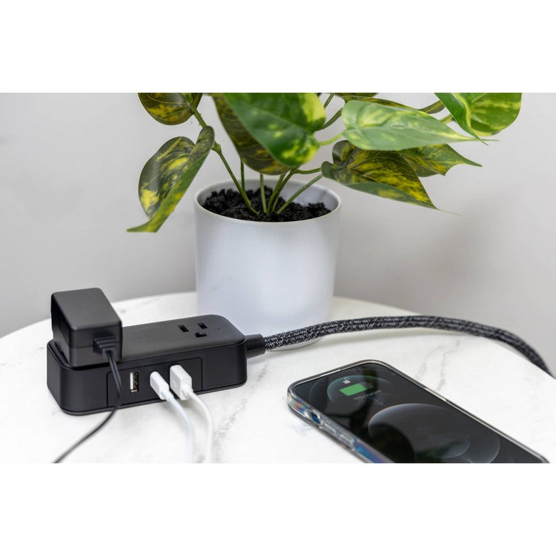 GE 2-Outlet Extension Cord 2 USB-A 1 USB-C 12W 6' Braided Black