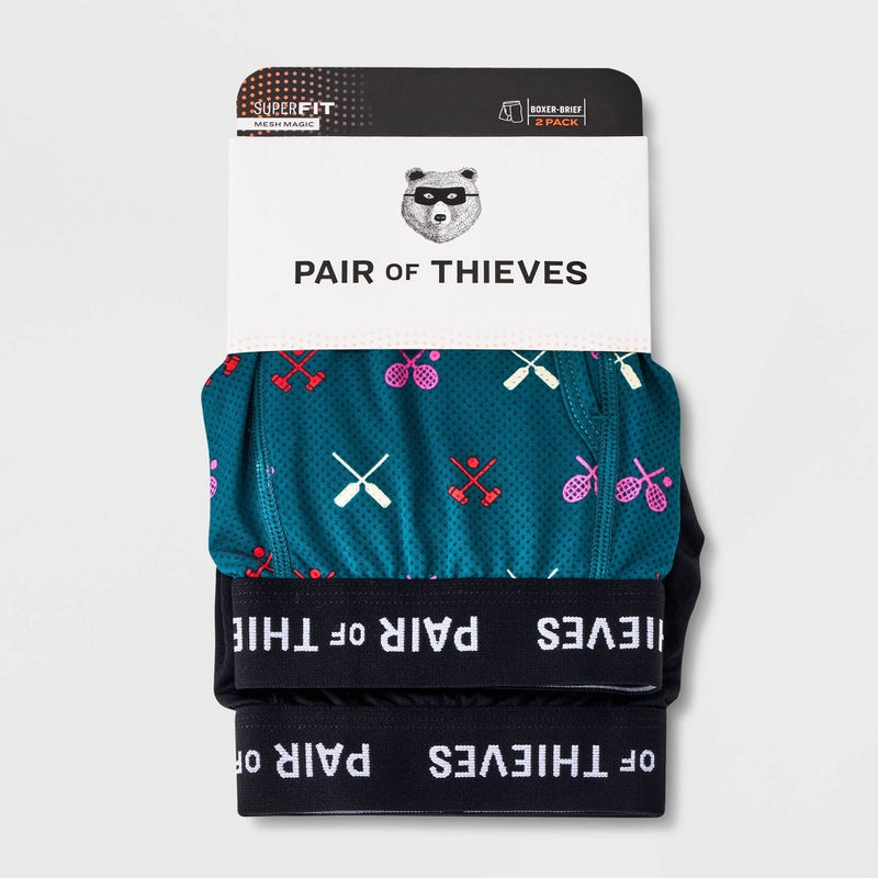 Pair of Thieves Men's Super Fit Tennis Boxer Briefs 2pk - Green/Black M: Moisture-Wicking, Quick-Dry, Mesh Fabric, Stretch, Lightweight