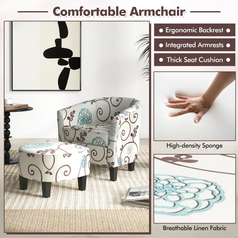 Costway Barrel Modern Accent Tub Upholstered Chair French Print with Ottoman Grey Floral (LOCAL PICKUP ONLY)