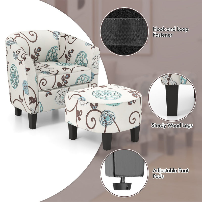 Costway Barrel Modern Accent Tub Upholstered Chair French Print with Ottoman Grey Floral (LOCAL PICKUP ONLY)