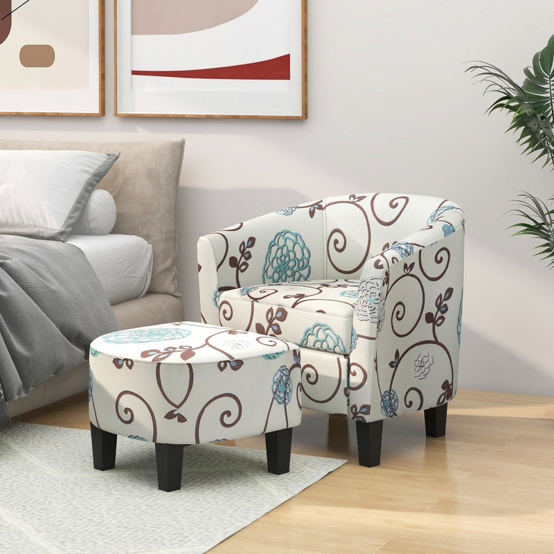 Costway Barrel Modern Accent Tub Upholstered Chair French Print with Ottoman Grey Floral (LOCAL PICKUP ONLY)