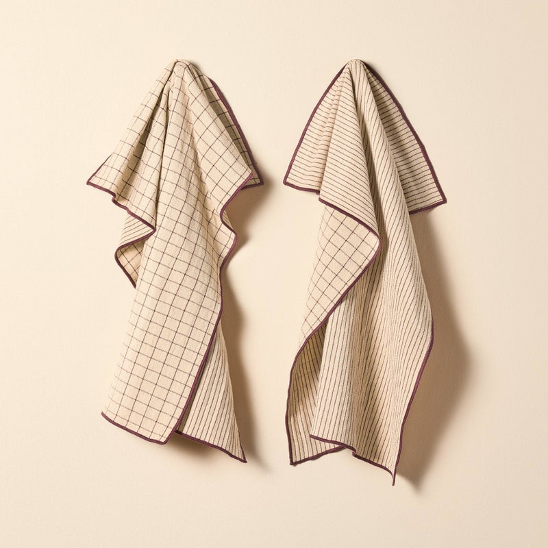 2ct Reversible Grid/Stripe Kitchen Towels Natural/Burgundy - Hearth & Hand with Magnolia