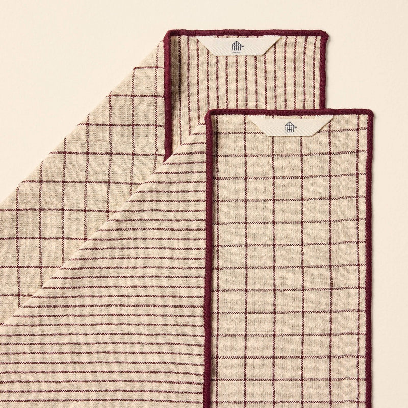 2ct Reversible Grid/Stripe Kitchen Towels Natural/Burgundy - Hearth & Hand with Magnolia