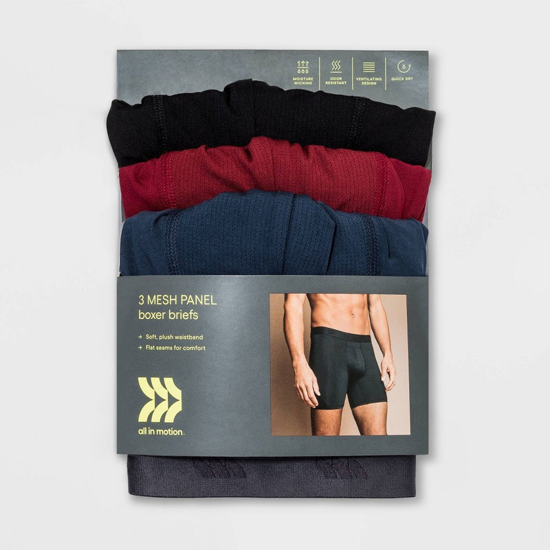 Men's Jersey Mesh Performance 3pk Boxer Briefs - All In Motion Black/Determined Blue/Red Resistance XL