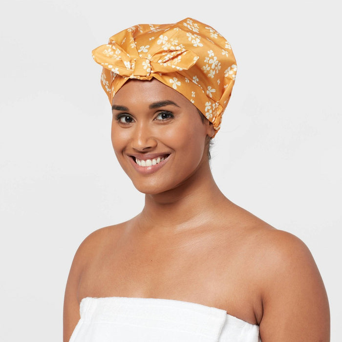 Floral Shower Cap Yellow - Room Essentials: Botanical Pattern, Lightweight Polyester, Elastic Hair Towel