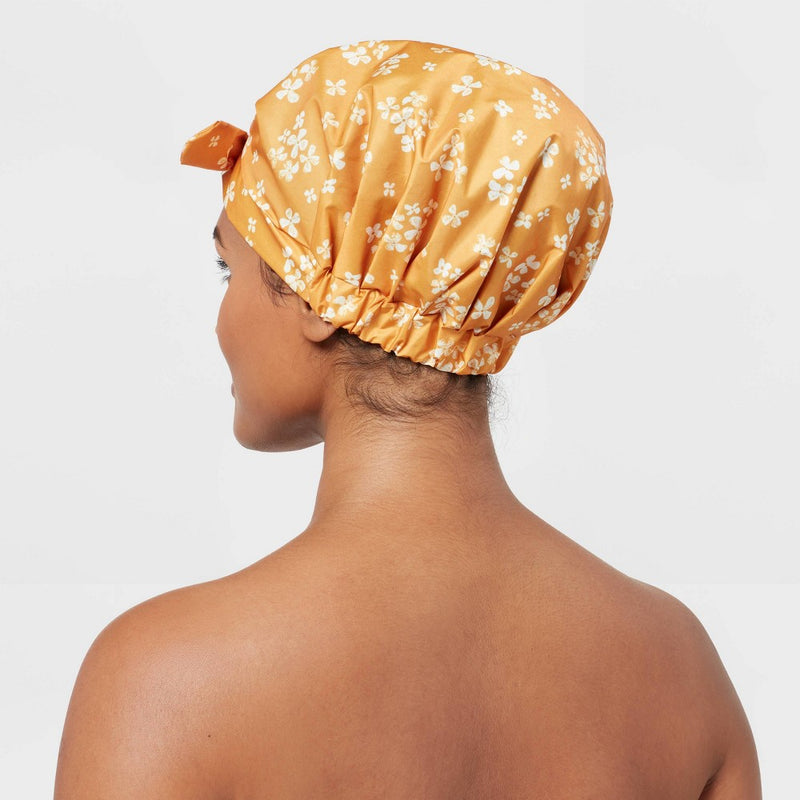 Floral Shower Cap Yellow - Room Essentials: Botanical Pattern, Lightweight Polyester, Elastic Hair Towel