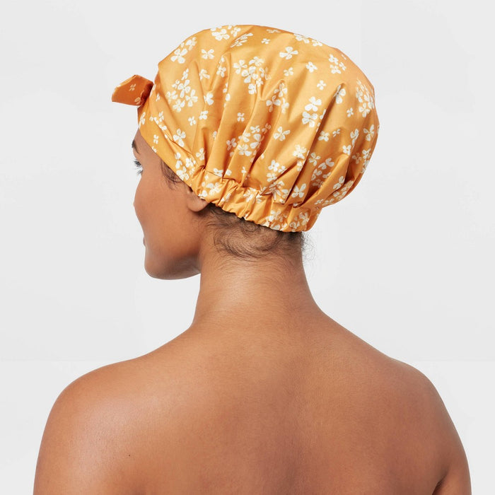 Floral Shower Cap Yellow - Room Essentials: Botanical Pattern, Lightweight Polyester, Elastic Hair Towel