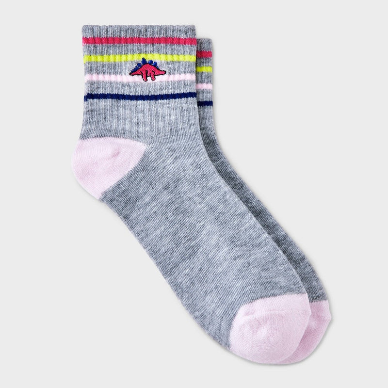 Women's Embroidered Dinosaur Ribbed Ankle Socks - Heather Gray 4-10