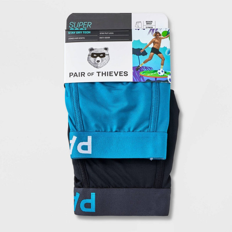 Pair of Thieves Men's SuperCool Boxer Briefs 2pk - Teal Blue/Black S: Moisture-Wicking, Anti-Odor, Ventilated