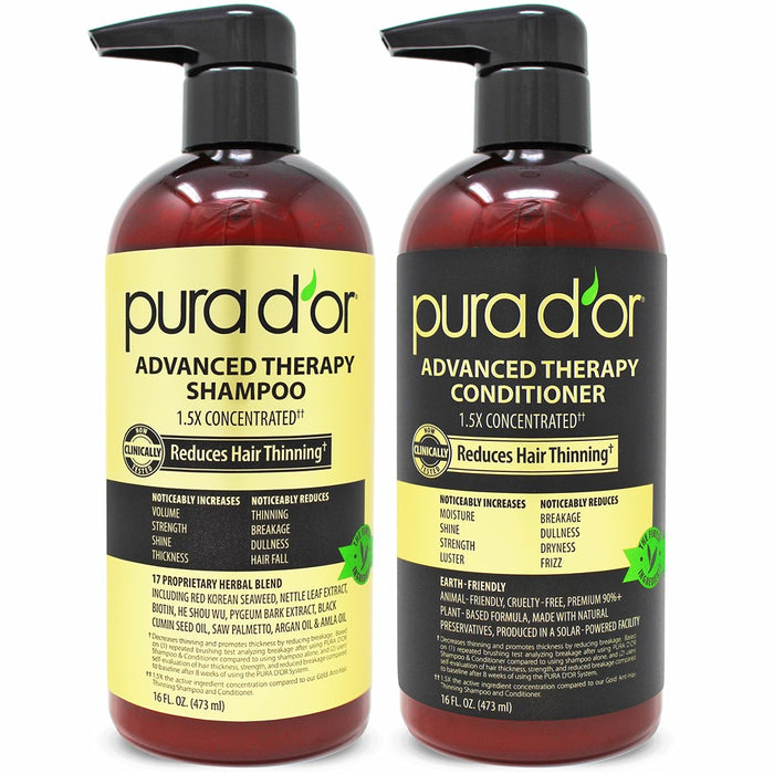 PURA D'or Advanced Therapy Biotin Shampoo & Conditioner Hair Care Set For Hair Thinning, Clinically Proven, DHT Blocker Hair Thickening Products For Women & Men, Daily Routine Shampoo, 16Oz X 2