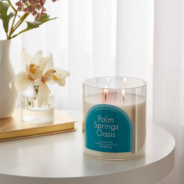 2-Wick Glass Jar 15oz Candle with Iridescent Sleeve Palm Springs Oasis - Opalhouse: Soothing Floral & Ocean Aroma, 50hr Burn