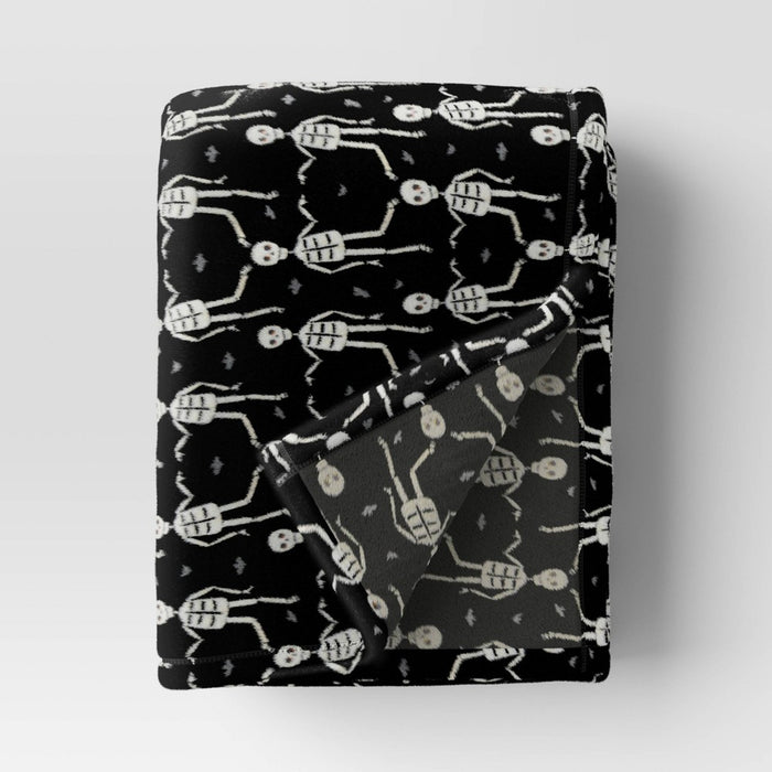 Halloween Printed Skeleton Throw Blanket Black/Ivory - Hyde & EEK! Boutique: Recycled Polyester, Knitted, 50x60", Machine Washable