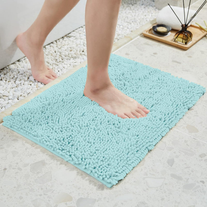 TECHMILLY Soft Fluffy Chenille Bathroom Rugs, Non Slip Absorbent Bath Mats For Bathroom, Washable And Quick Dry, Light Blue, 17" X 24"