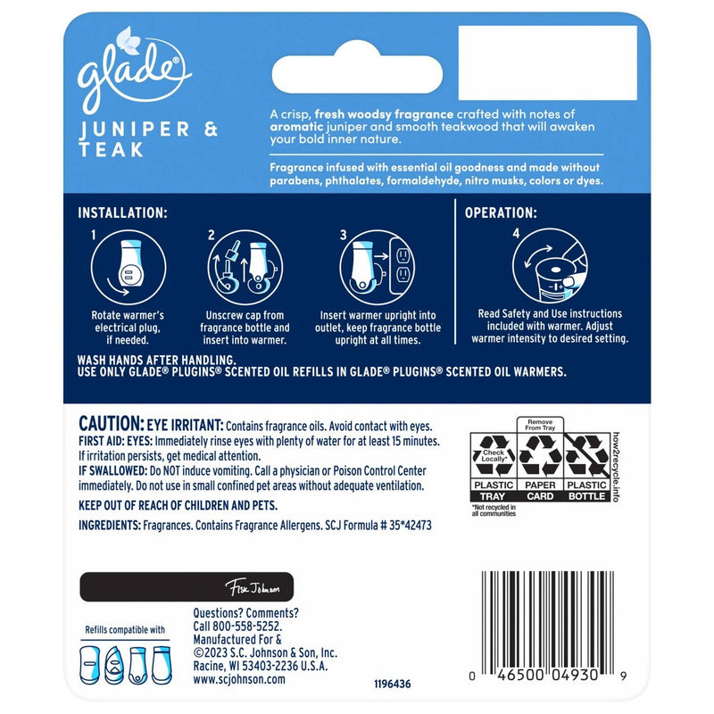 Glade PlugIns Scented Oil Air Freshener Refills Juniper & Teak - 1.34 fl oz/2pk
