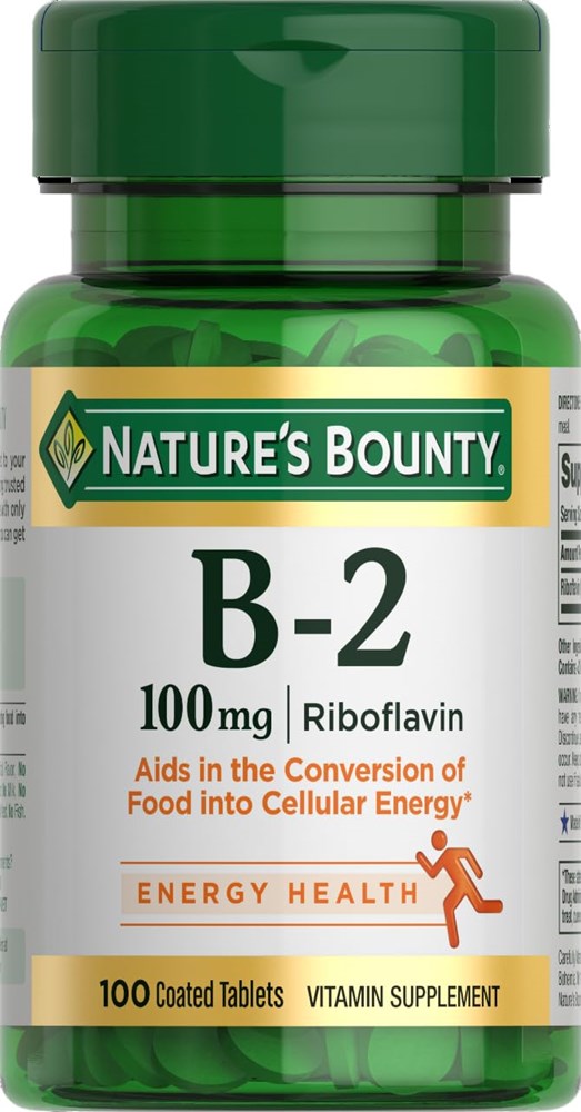 Nature's Bounty Vitamin B, B-2 Vitamin 100Mg, Vitamin B As Riboflavin Supplement, Aids Energy Metabolism, 100 Vegetarian Coated Tablets, 100 Day Supply