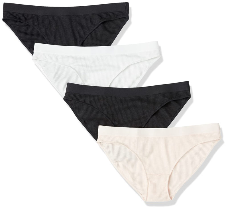 Amazon Essentials Women's Ribbed Bikini Underwear, Pack Of 4, Black/Pale Pink/Bright White, X-Small