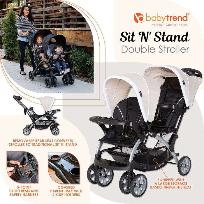 Baby Trend Sit N' Stand Convertible Multi-Use Easy Fold Travel Toddler and Baby Double Stroller with Safety Harness and Storage Basket, Modern Khaki (LOCAL PICKUP ONLY)